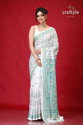 Persian Green and White Alpana Design Silk Kantha Saree-Craftyle