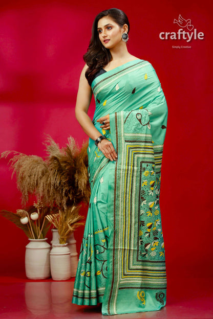 Persian Green Ethnic Silk Kantha Saree - Craftyle