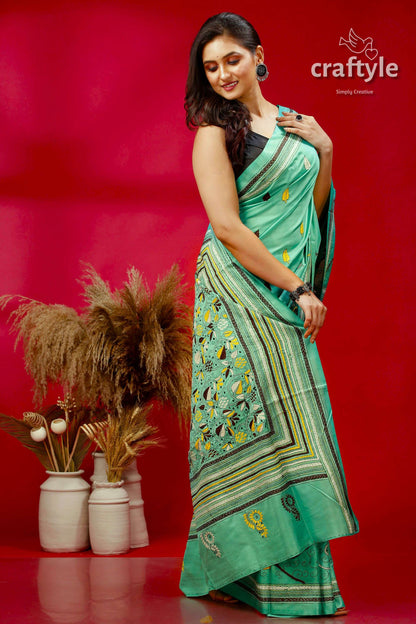 Persian Green Ethnic Silk Kantha Saree - Craftyle