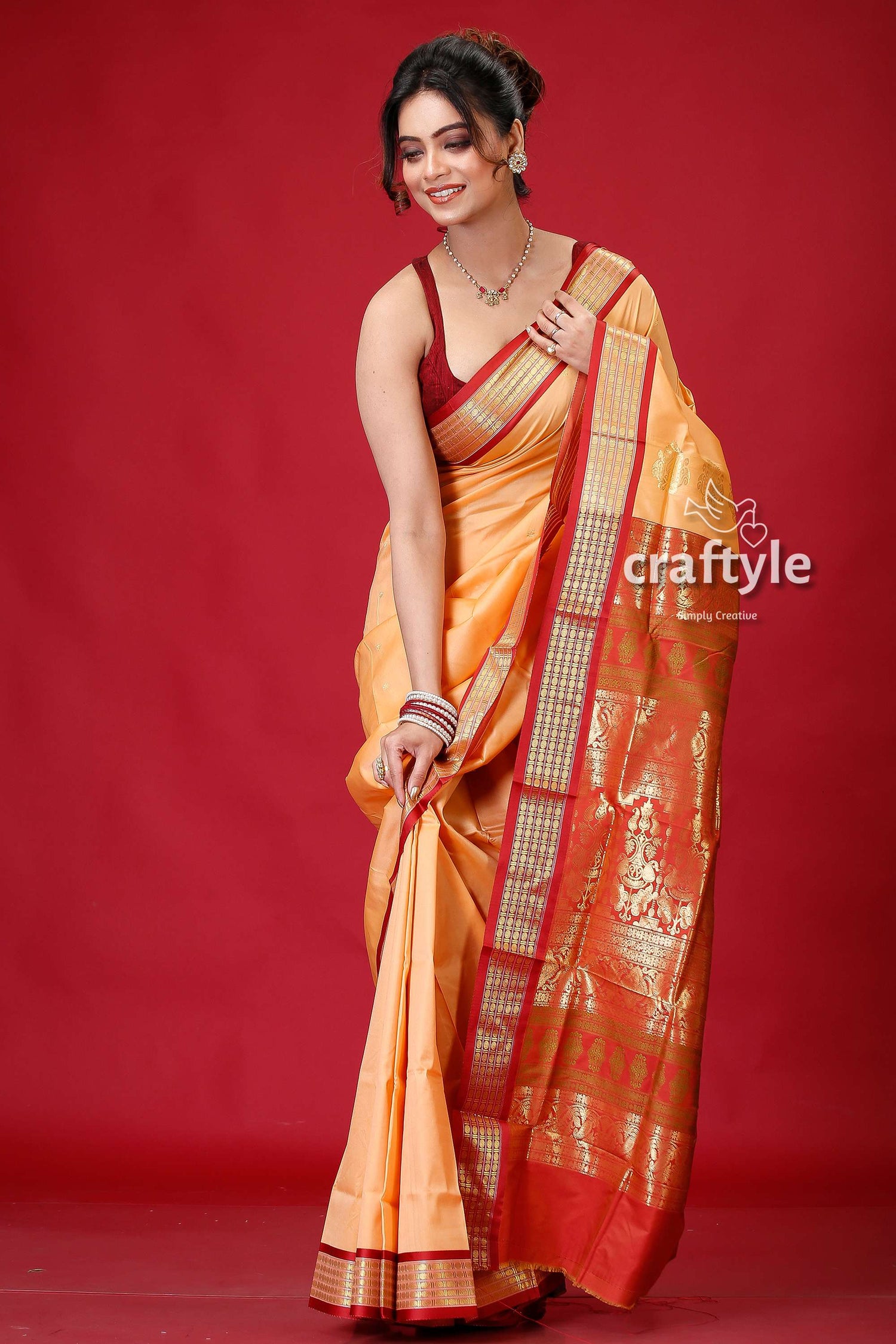 Persian Orange Bomkai Silk Saree with Zari Edging-Craftyle