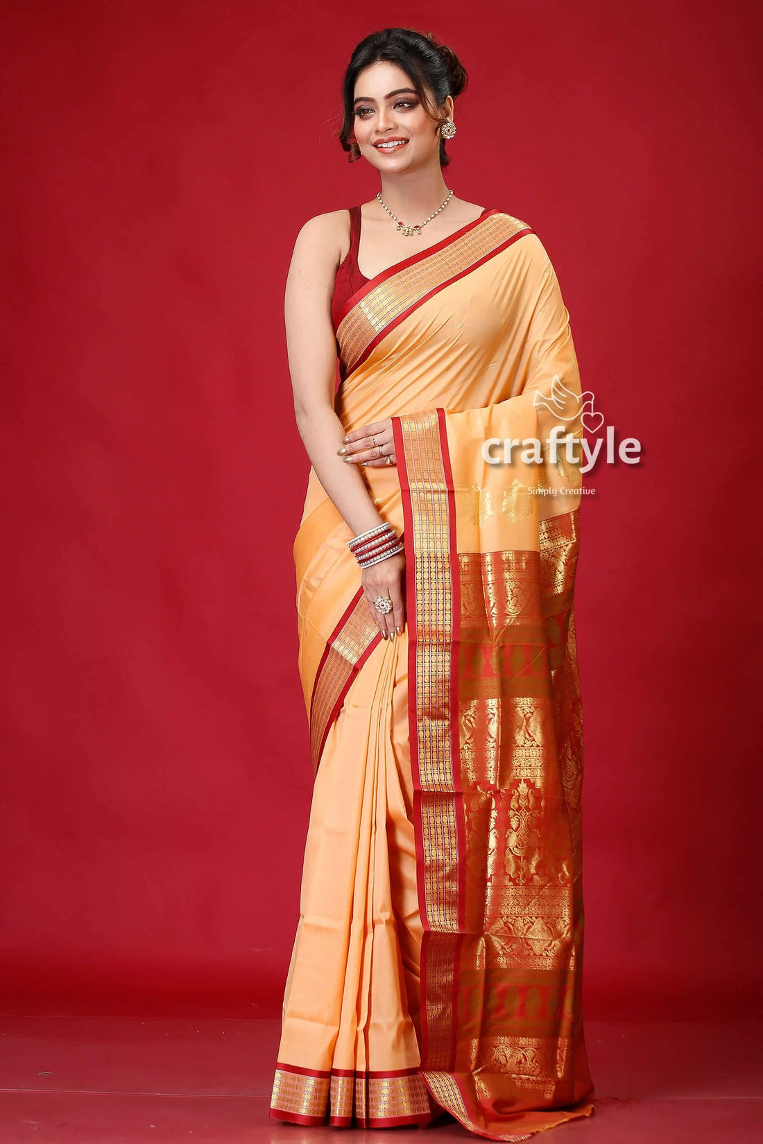 Persian orange bomkai silk saree with zari edging woman peach-colored saree 1