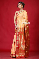 Persian orange bomkai silk saree with zari edging woman peach red saree 3