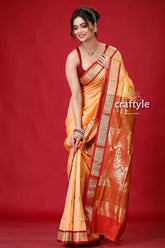 Persian orange bomkai silk saree with zari edging woman peach red saree 4