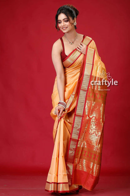 Persian orange bomkai silk saree with zari edging woman peach red saree 4