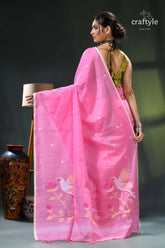 Persian pink handwoven soft cotton dhakai jamdani sari pink silk saree white birds 4
