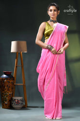 Persian pink handwoven soft cotton dhakai jamdani sari pink silk saree gold blouse 5