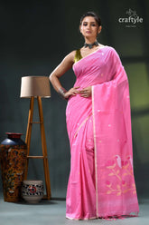 Persian pink handwoven soft cotton dhakai jamdani sari pink floral saree gold accents 6