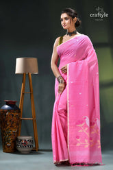 Persian pink handwoven soft cotton dhakai jamdani sari pink saree floral embroidery border 3