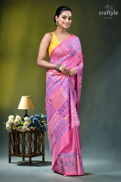 Persian pink multithread geometric design silk lambani embroidery saree vibrant pink saree intricate blue 4