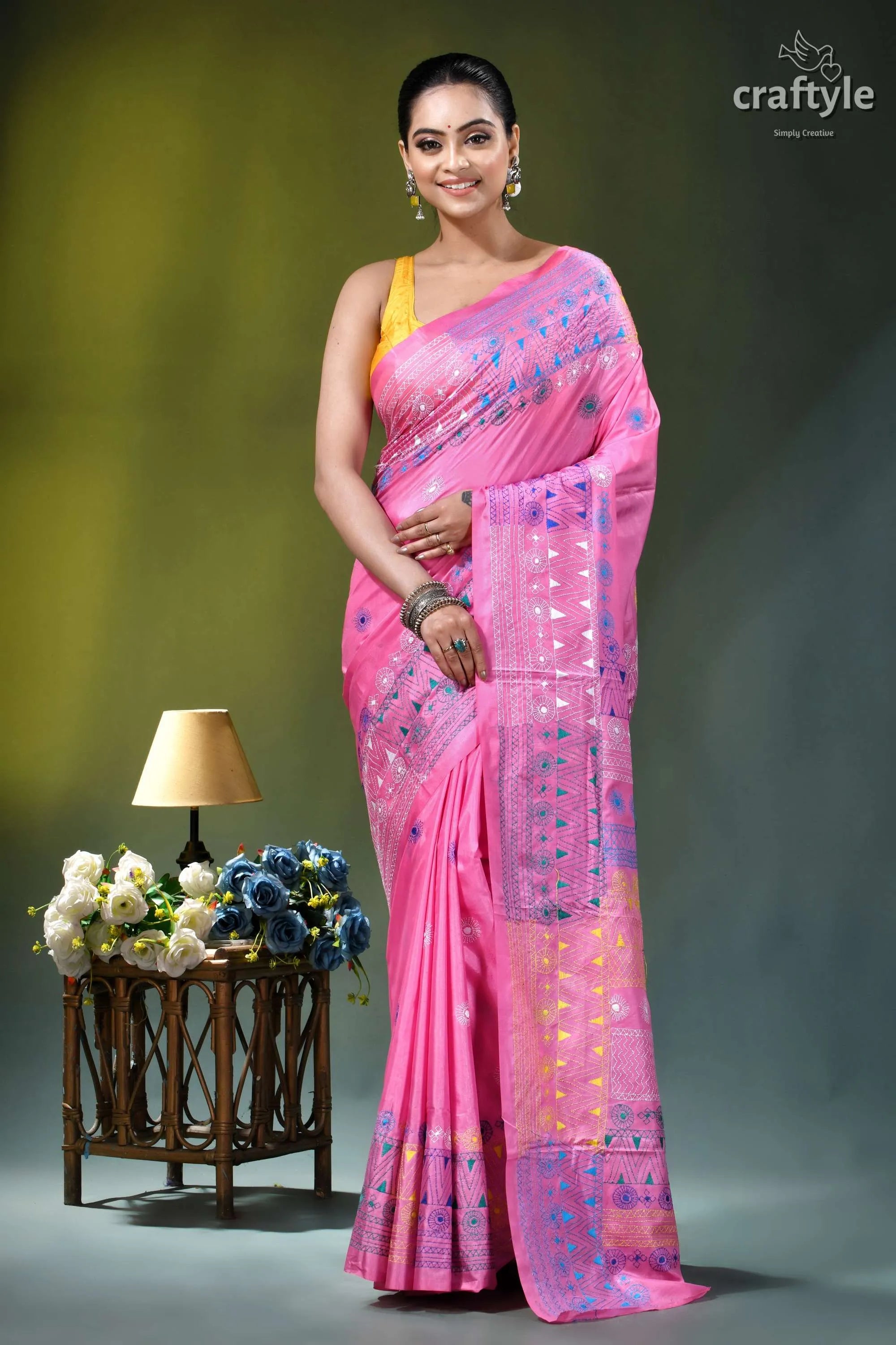 Persian pink multithread geometric design silk lambani embroidery saree vibrant pink saree intricate blue 6