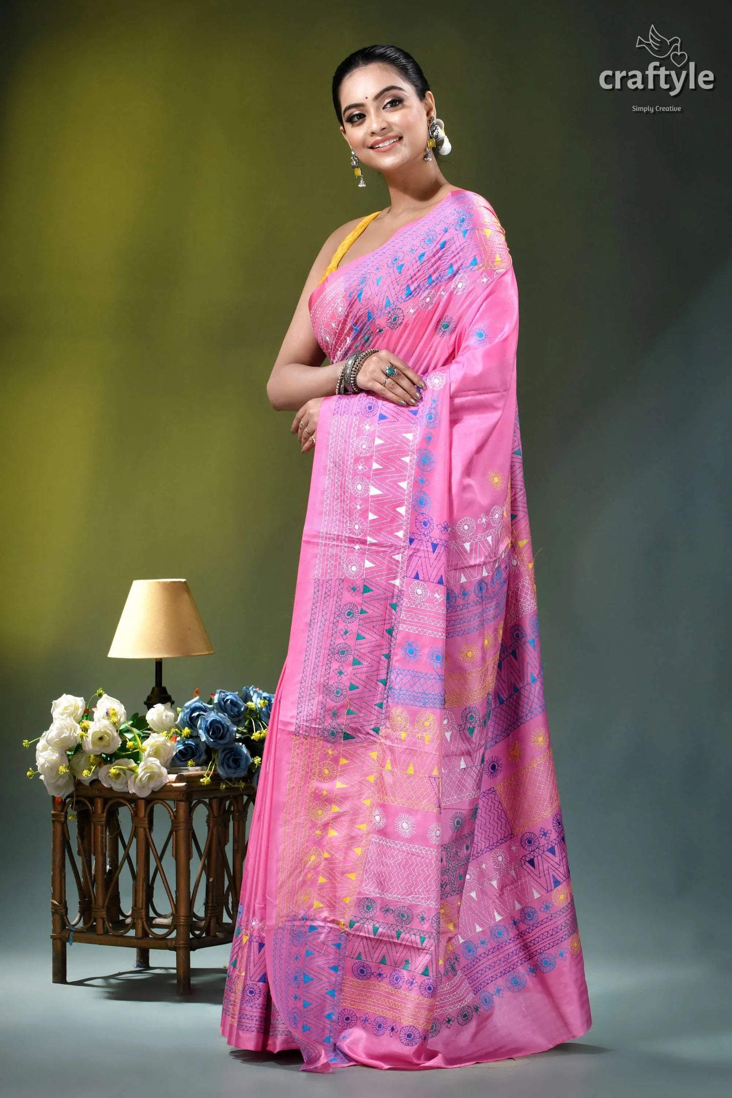 Persian pink multithread geometric design silk lambani embroidery saree vibrant pink saree intricate blue 3