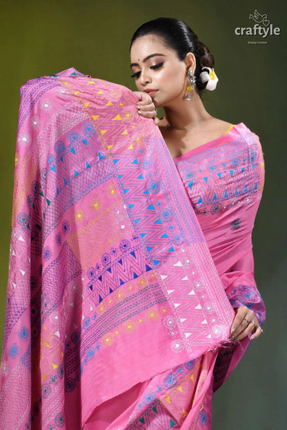 Persian pink multithread geometric design silk lambani embroidery saree vibrant pink saree intricate geometric 2