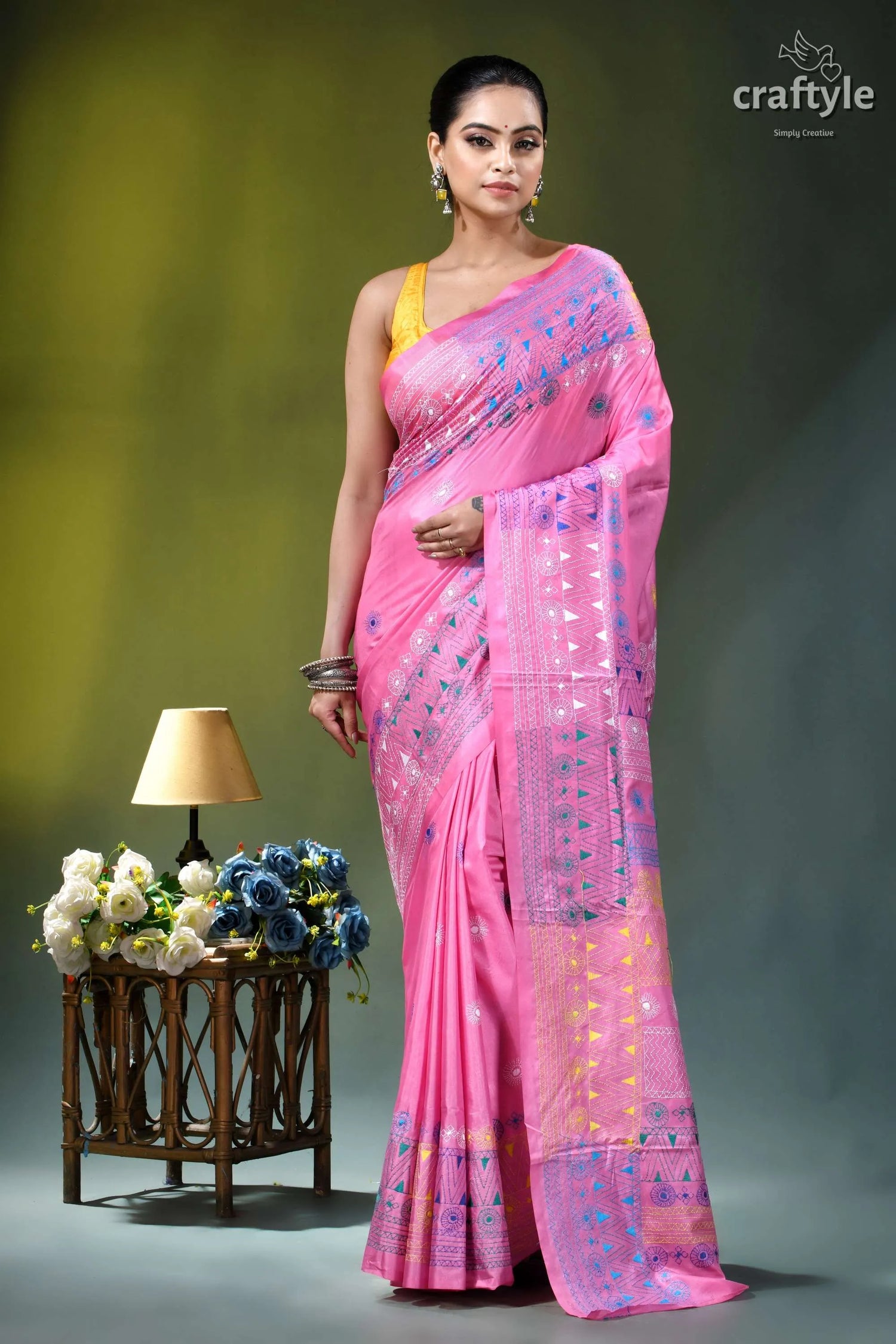 Persian pink multithread geometric design silk lambani embroidery saree vibrant pink saree intricate blue 1