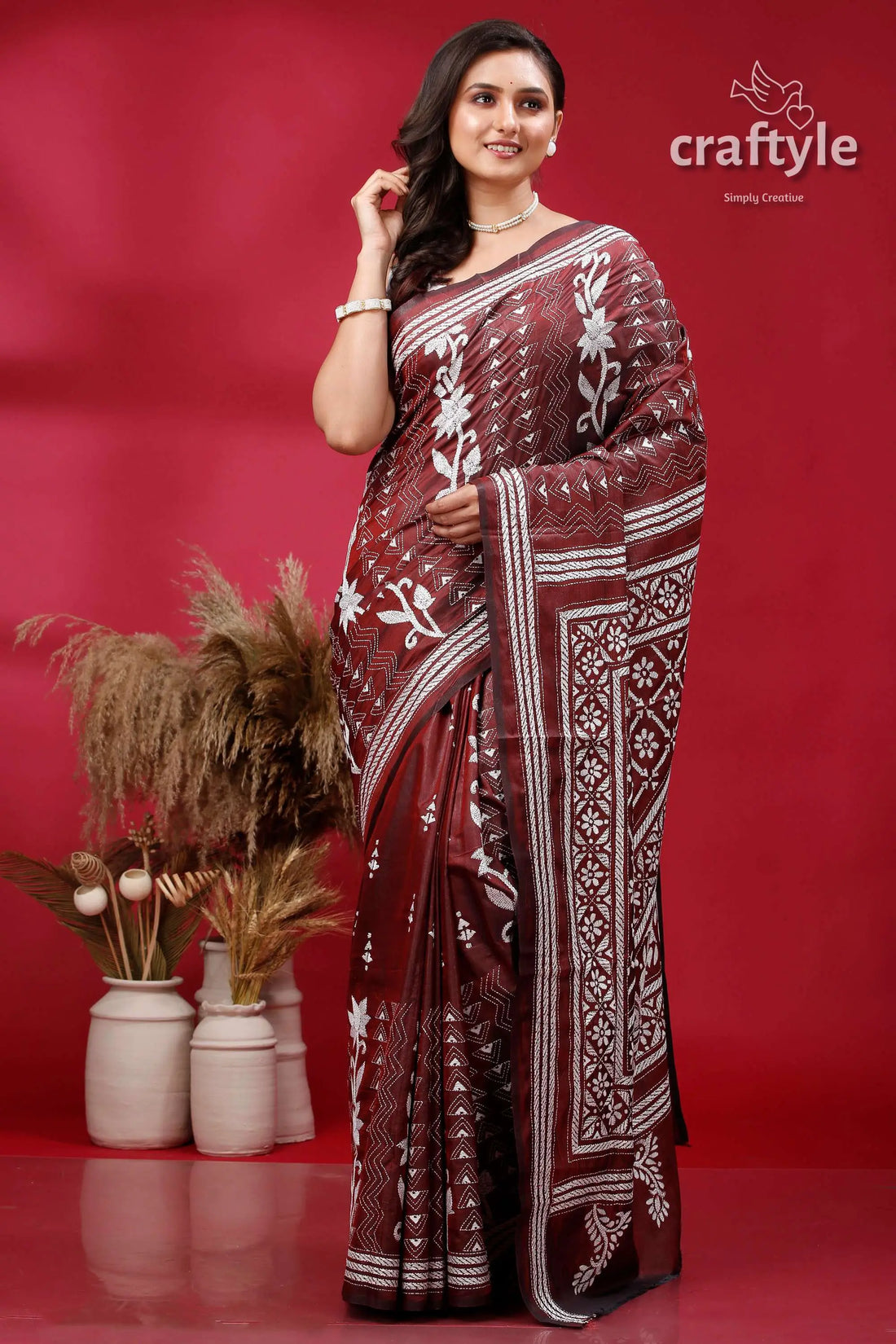 Persian plum and white hand embroidered silk kantha saree maroon saree white floral geometric 1