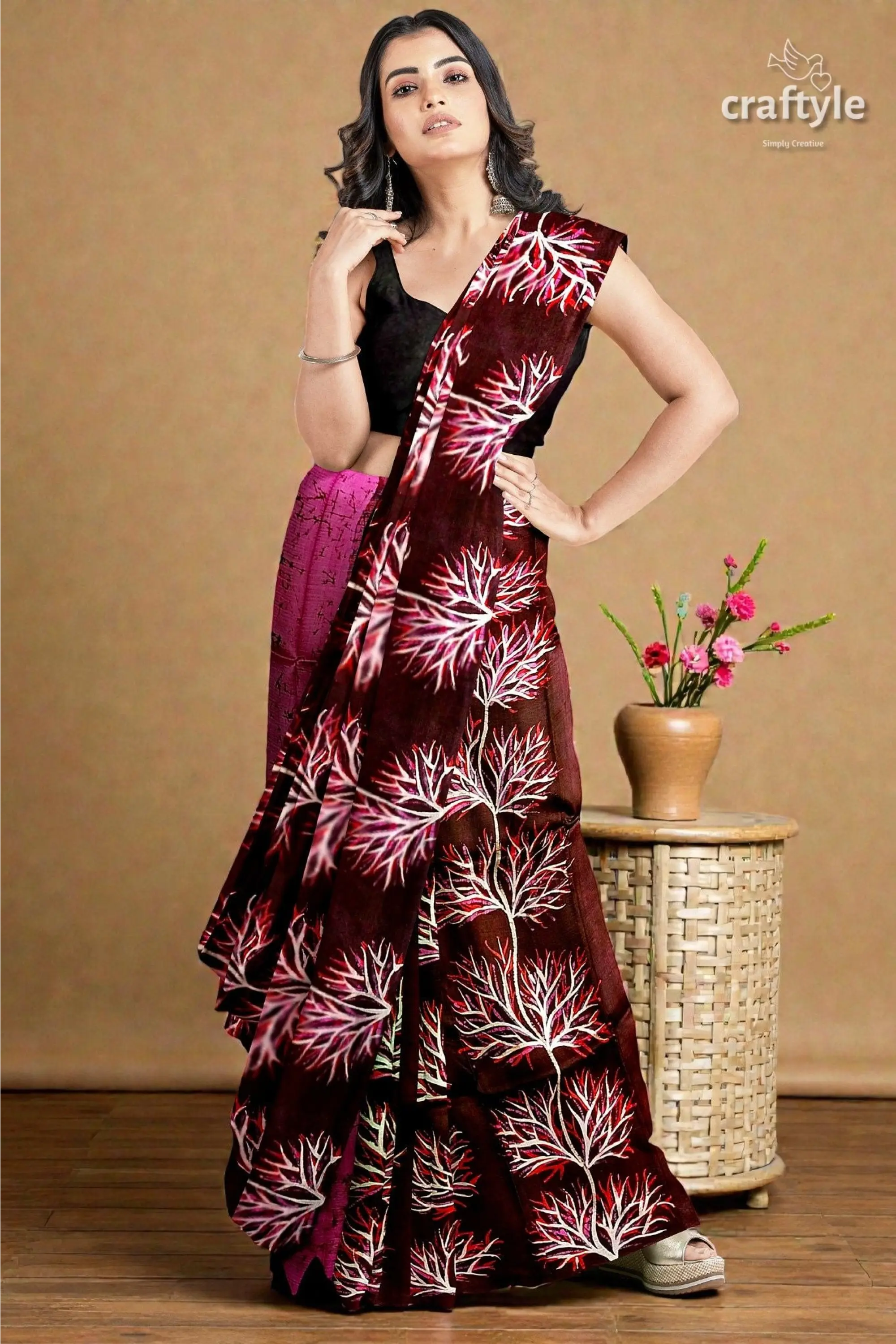 Persian plum hand batik pure mulberry silk saree - sari 1