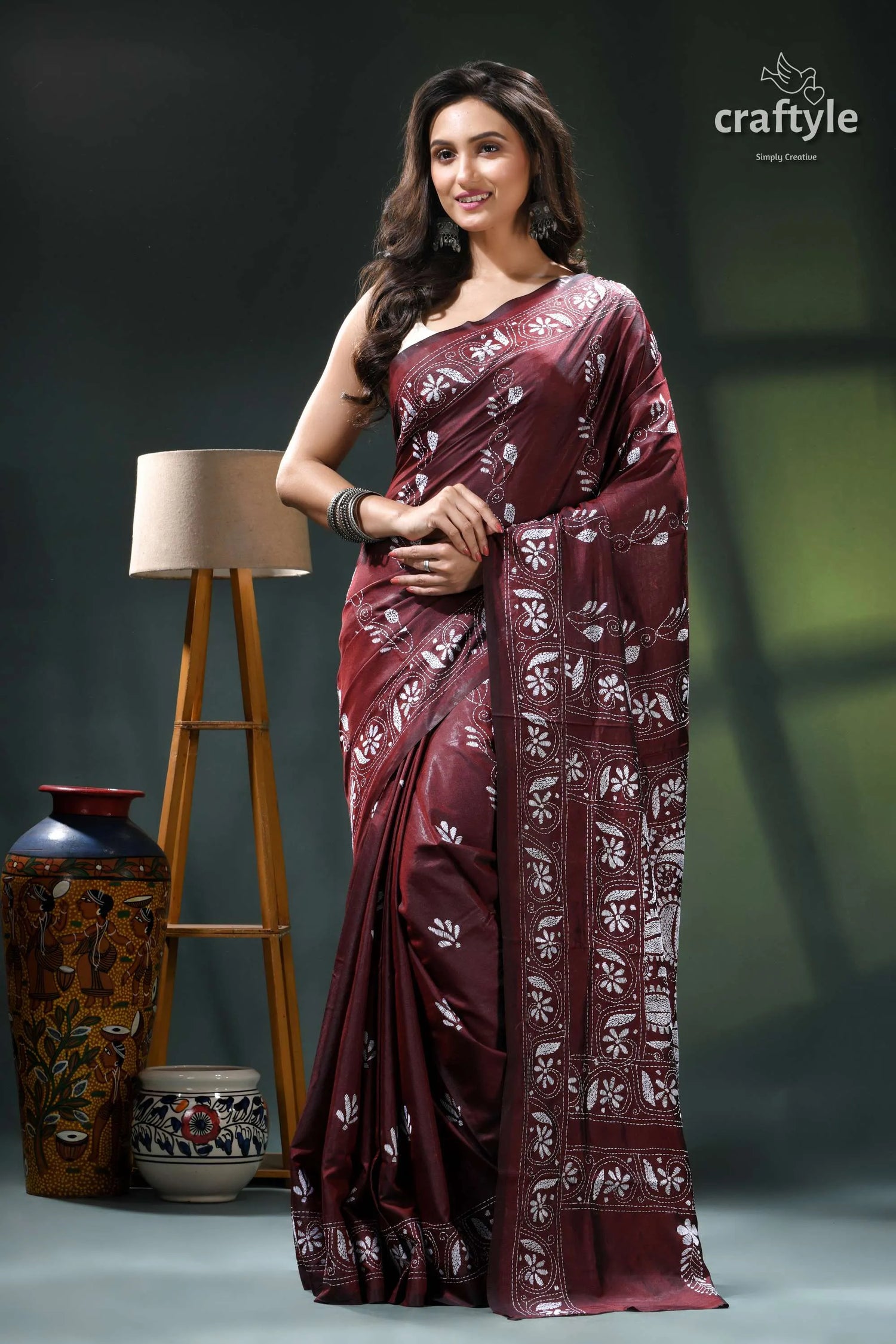 Persian plum hand embroidered silk kantha work saree maroon saree intricate white floral 6