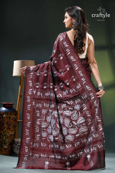 Persian plum hand embroidered silk kantha work saree maroon saree white floral leaf 5