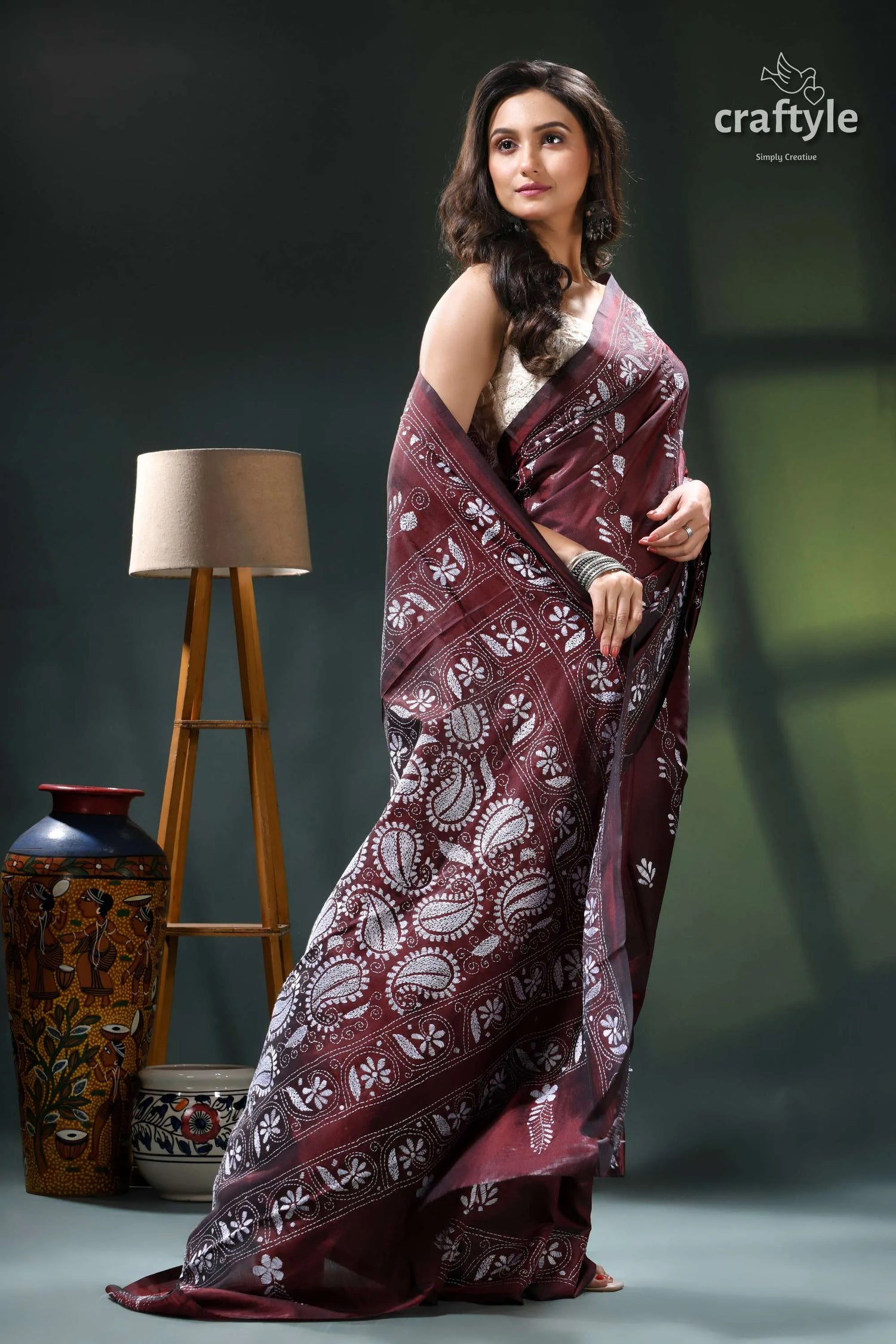 Persian plum hand embroidered silk kantha work saree maroon batik saree intricate floral 4