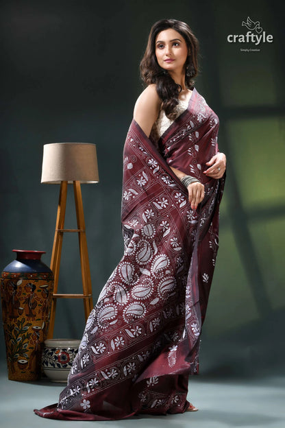 Persian plum hand embroidered silk kantha work saree maroon batik saree intricate floral 4