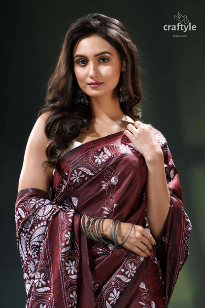 Persian plum hand embroidered silk kantha work saree maroon floral saree silver accents 2