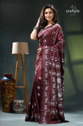 Persian plum hand embroidered silk kantha work saree maroon saree white floral pattern 3