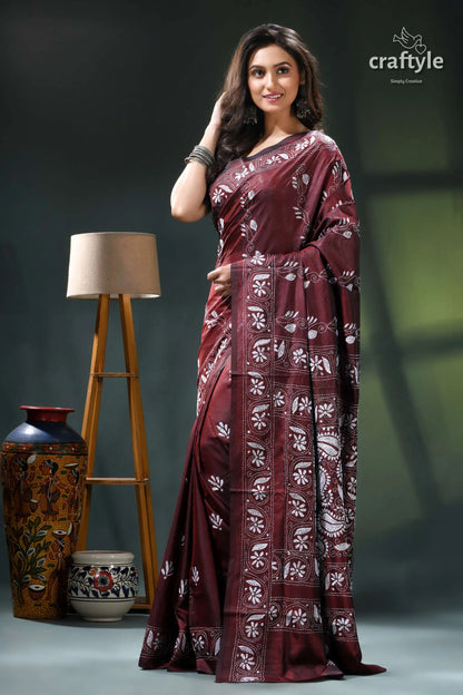 Persian plum hand embroidered silk kantha work saree maroon saree white floral pattern 3