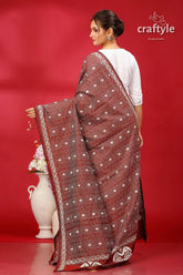 Persian plum & white kantha embroidery silk dupatta maroon white patterned saree intricate 4