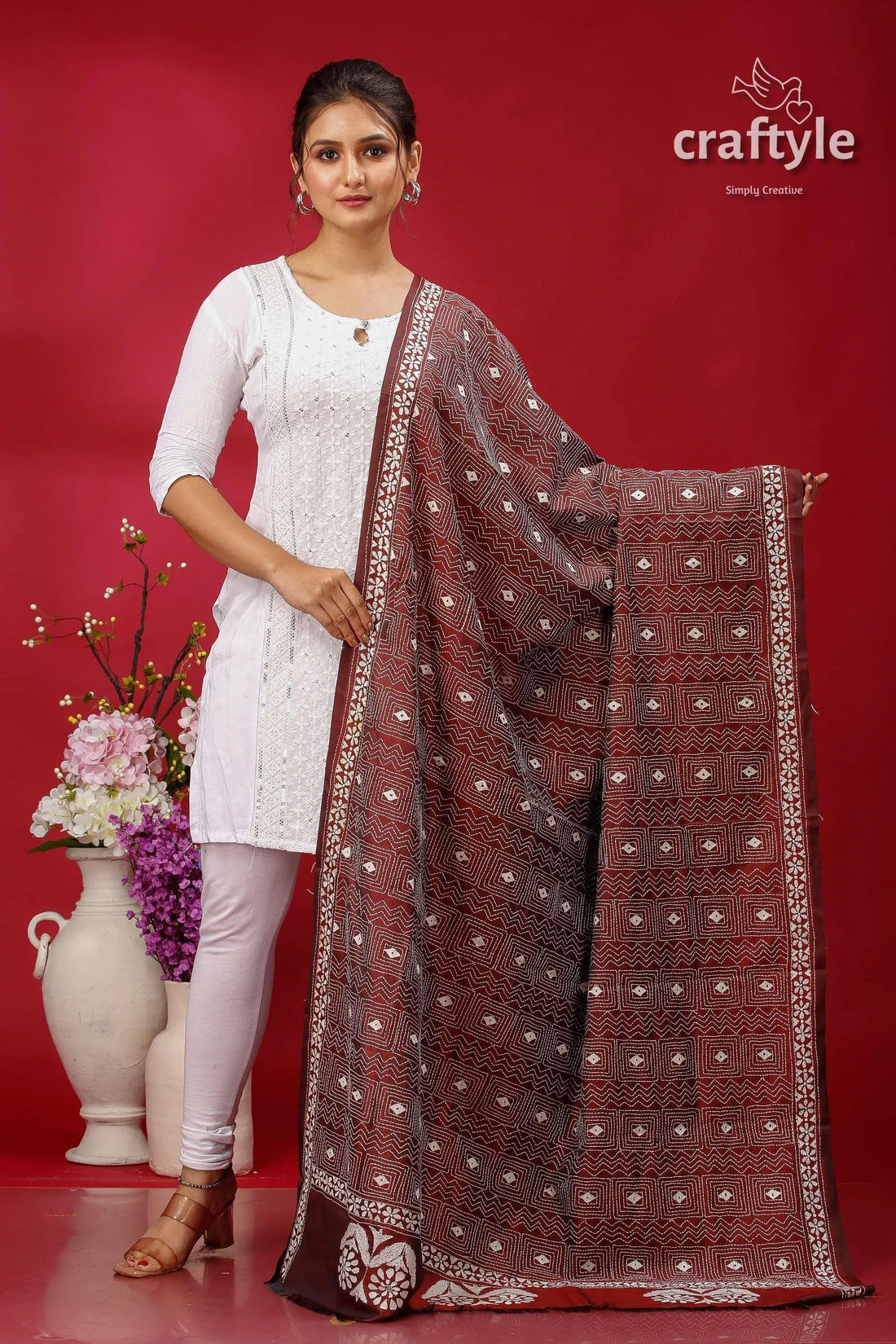 Persian plum & white kantha embroidery silk dupatta brown white embroidered dupatta floral 1