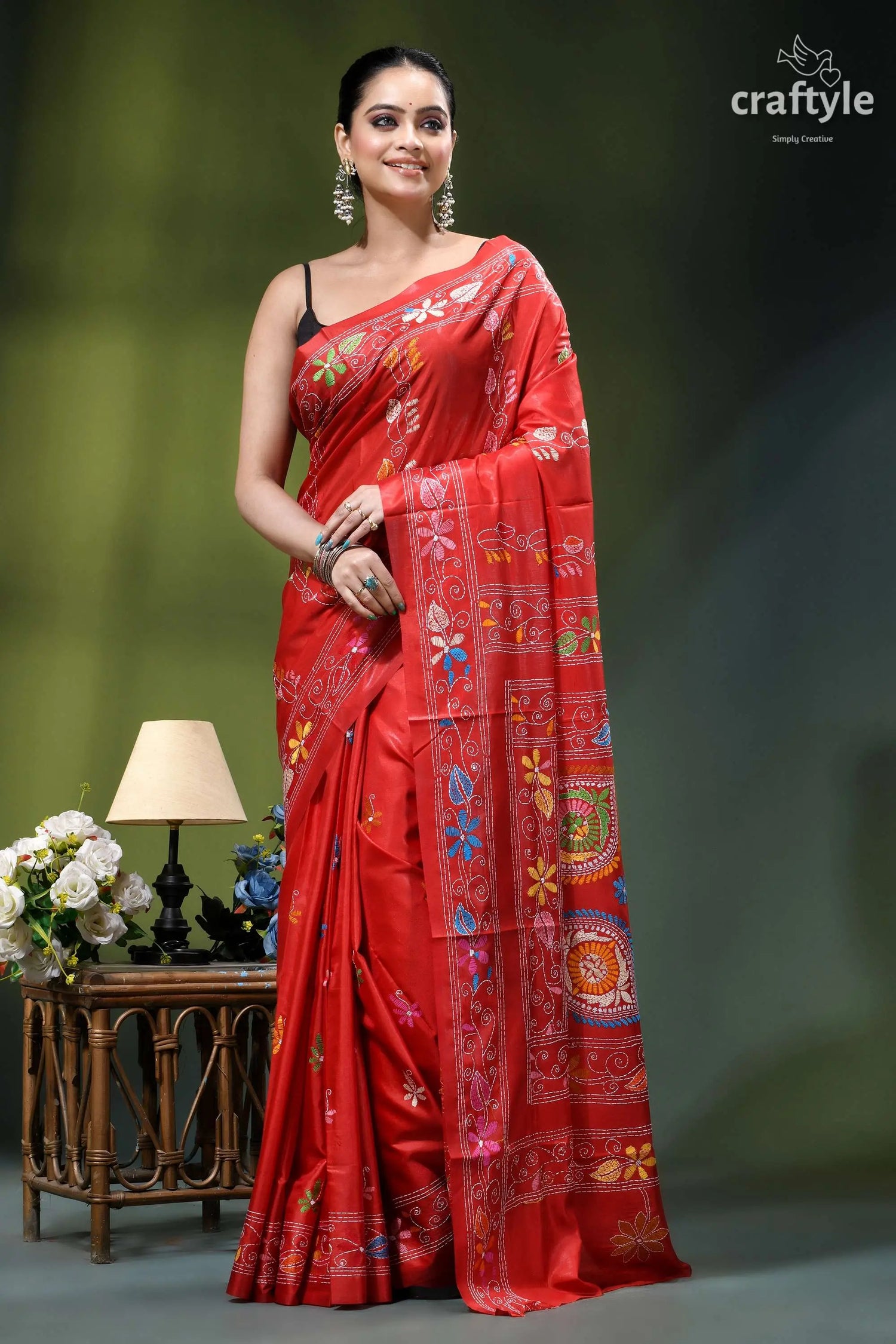 Persian red bengal heritage handcrafted silk kantha stitch saree vibrant red hand-block printed saree 1