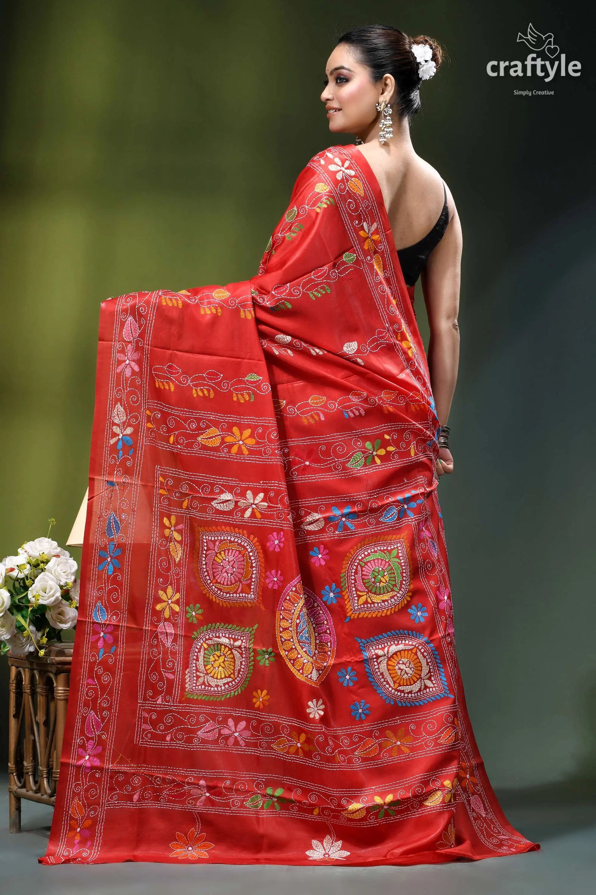 Persian red bengal heritage handcrafted silk kantha stitch saree vibrant red silk saree adorned 6