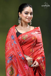 Persian red bengal heritage handcrafted silk kantha stitch saree vibrant red silk saree adorned 2