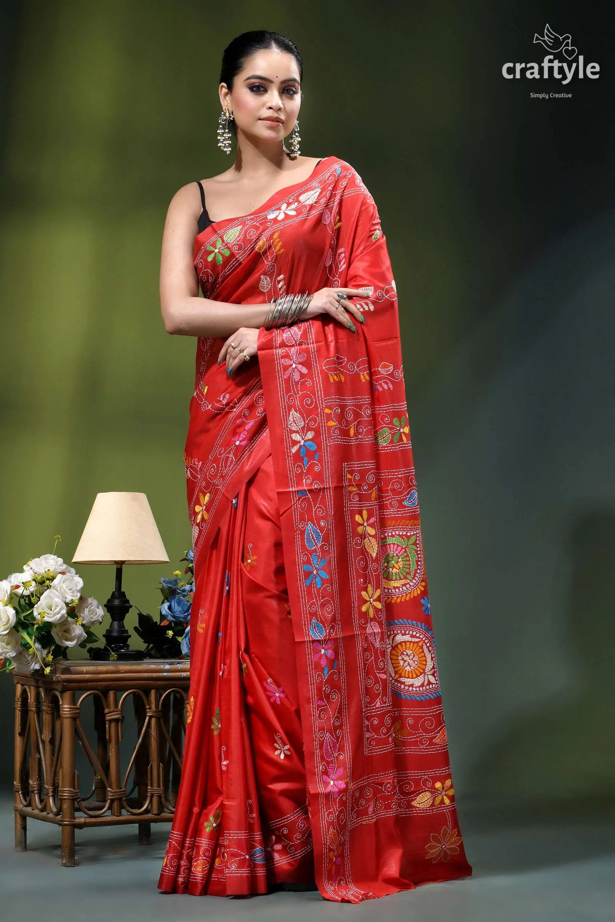 Persian red bengal heritage handcrafted silk kantha stitch saree vibrant red silk saree adorned 3