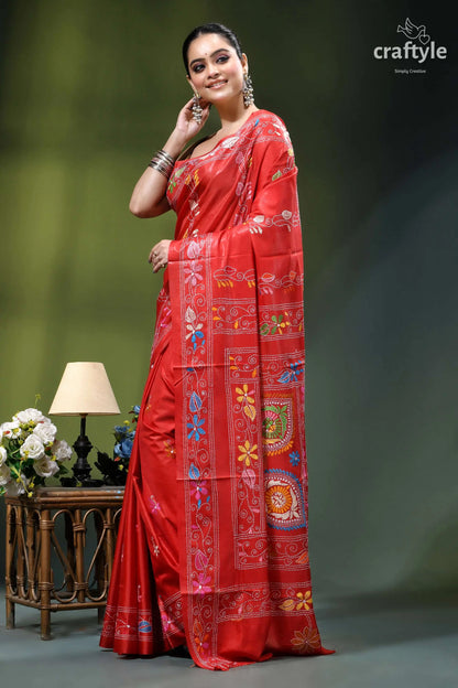 Persian red bengal heritage handcrafted silk kantha stitch saree vibrant red silk saree adorned 4