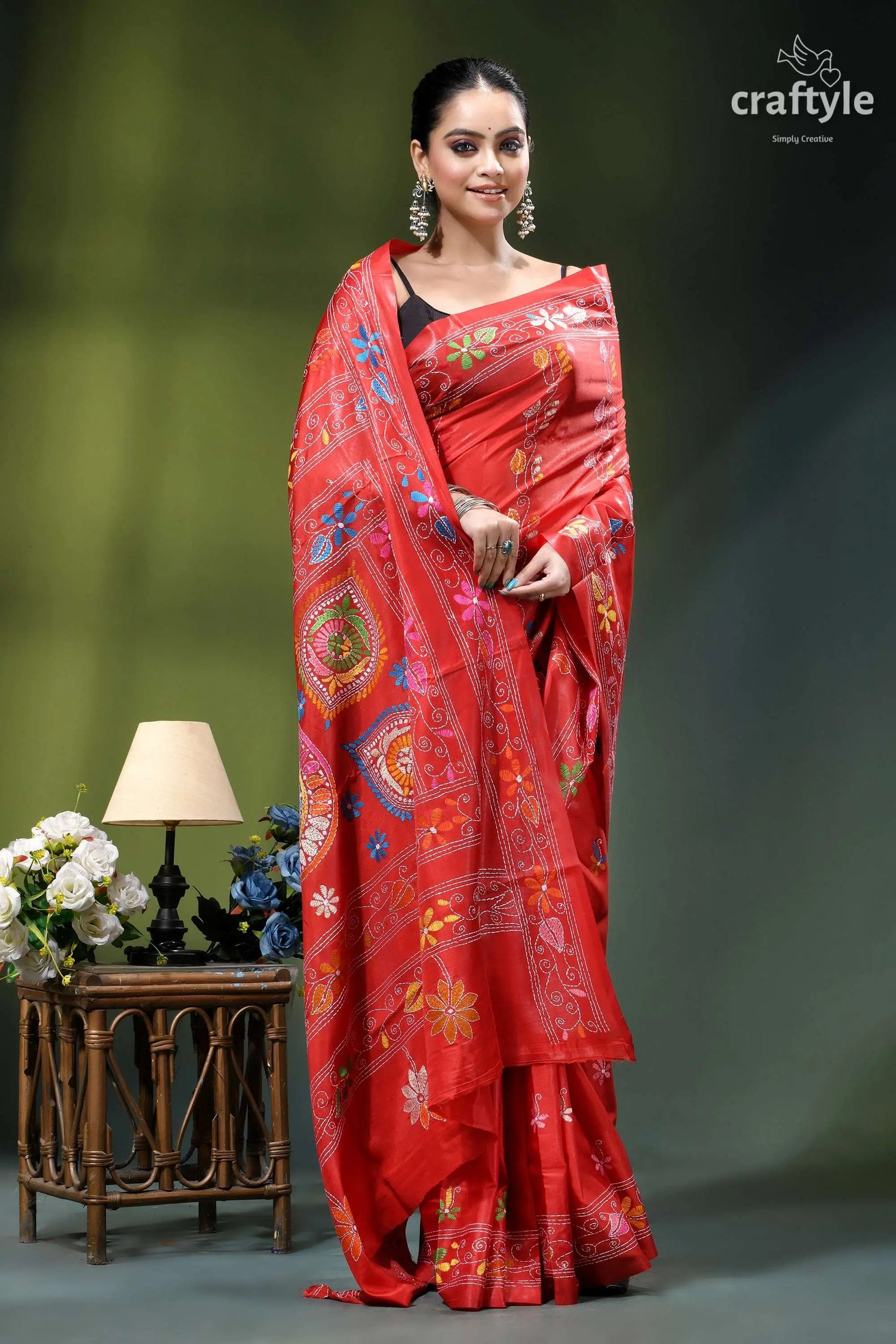 Persian red bengal heritage handcrafted silk kantha stitch saree vibrant red silk saree adorned 7