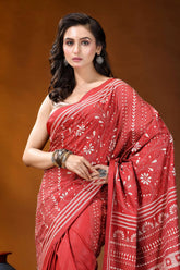 Persian red ethnic handcrafted kantha embroidery silk saree woman wears vibrant red saree 2