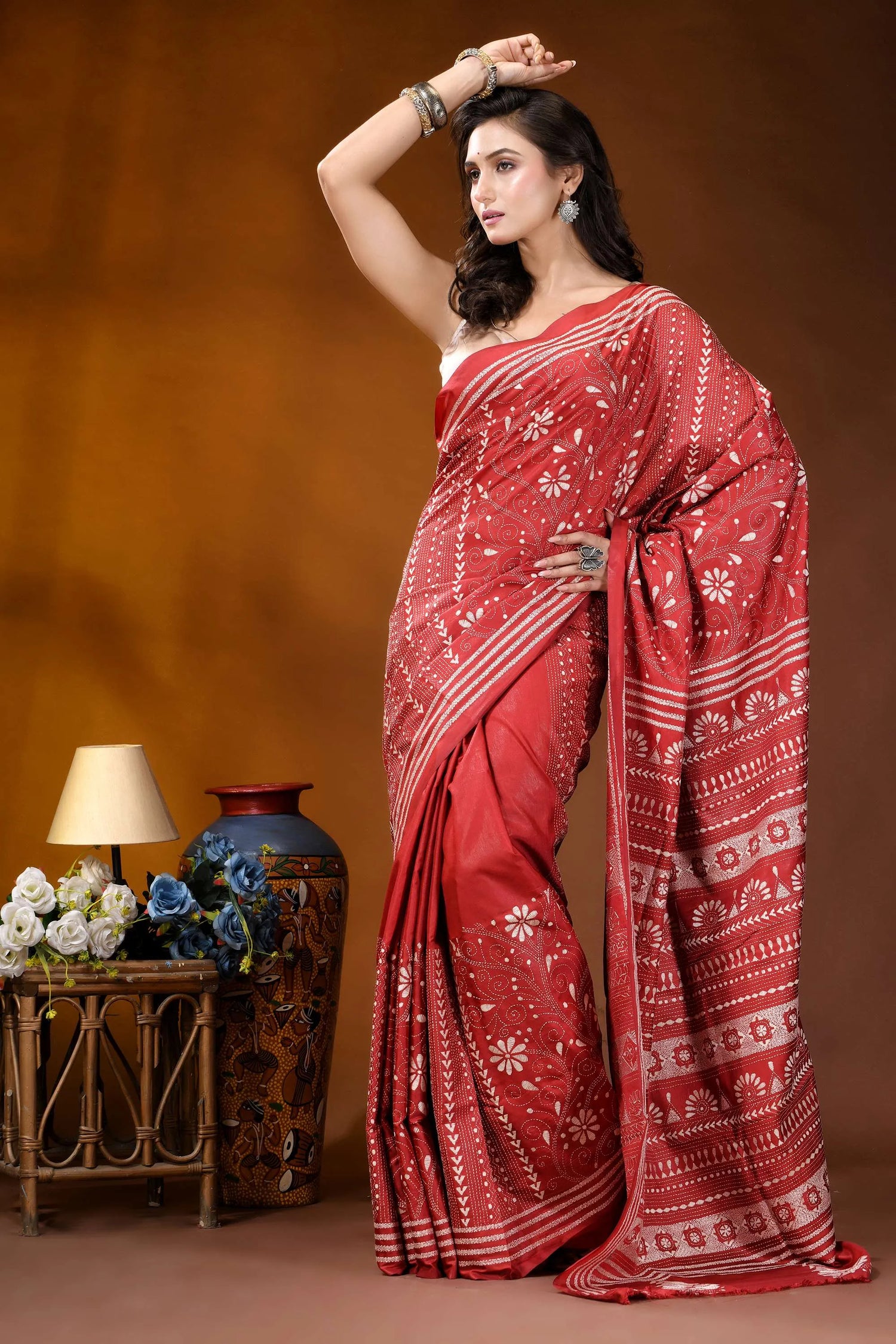 Persian red ethnic handcrafted kantha embroidery silk saree woman wears vibrant red saree 4