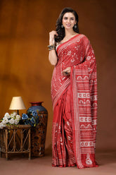 Persian red ethnic handcrafted kantha embroidery silk saree woman wears vibrant red saree 6