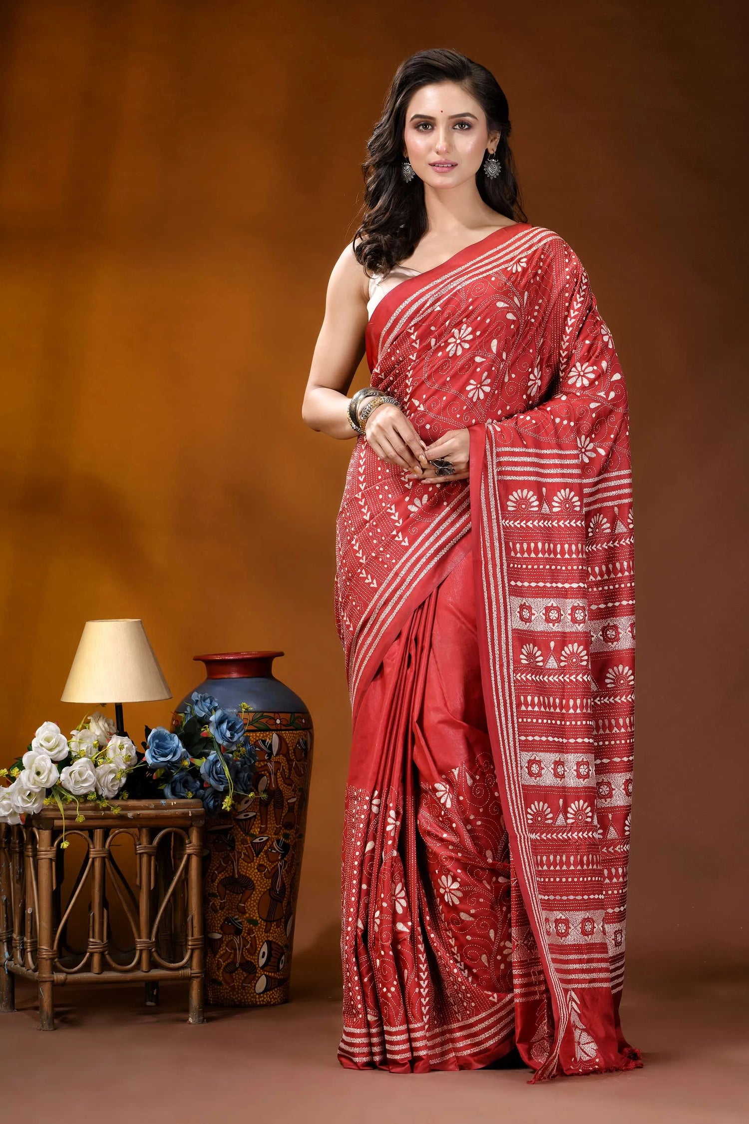 Persian red ethnic handcrafted kantha embroidery silk saree woman wears vibrant red saree 1