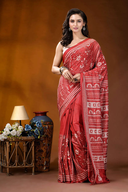 Persian red ethnic handcrafted kantha embroidery silk saree woman wears vibrant red saree 1