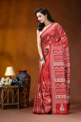 Persian red ethnic handcrafted kantha embroidery silk saree vibrant red saree intricate white 3