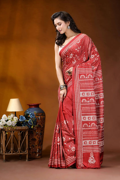 Persian red ethnic handcrafted kantha embroidery silk saree vibrant red saree intricate white 3