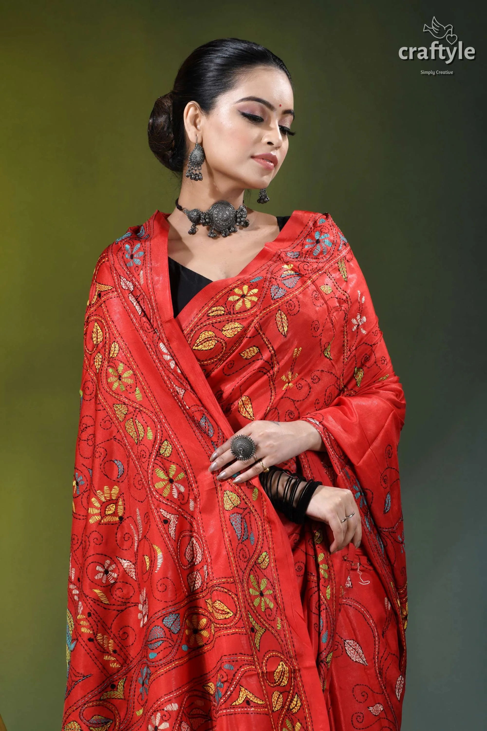 Persian red multi-thread baul motif handcrafted kantha silk saree vibrant red saree adorned intricate 2