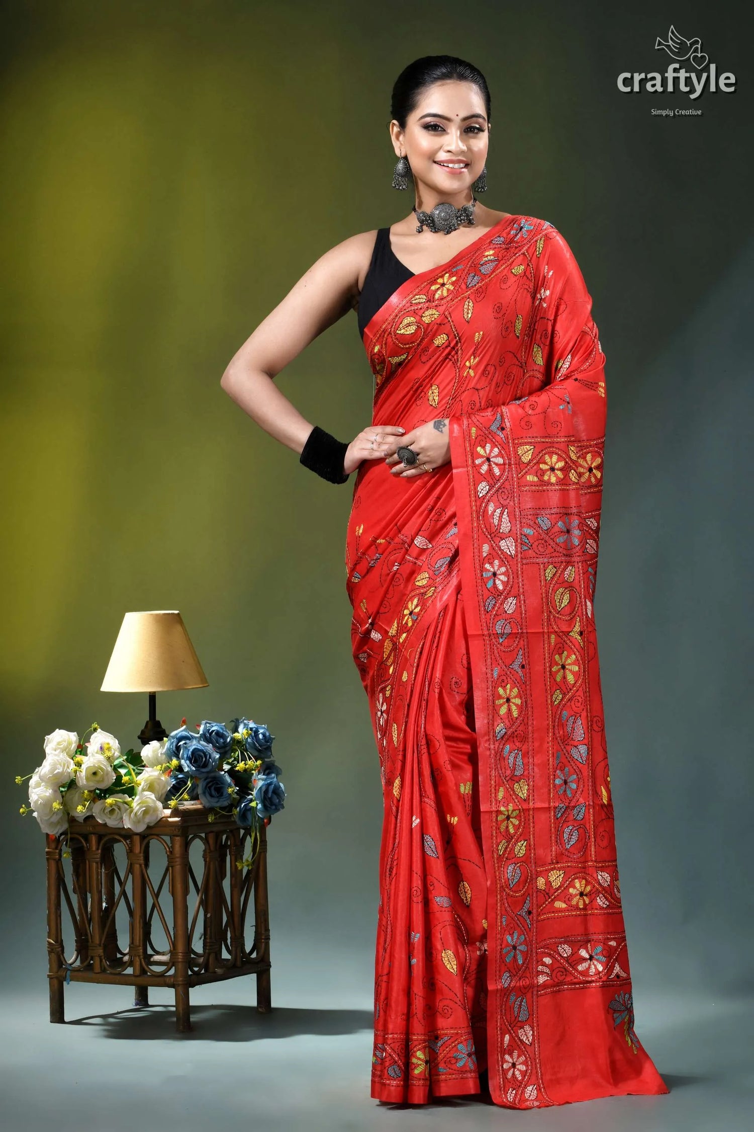 Persian red multi-thread baul motif handcrafted kantha silk saree vibrant red silk saree adorned 6