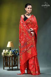 Persian red multi-thread baul motif handcrafted kantha silk saree vibrant red silk saree adorned 4