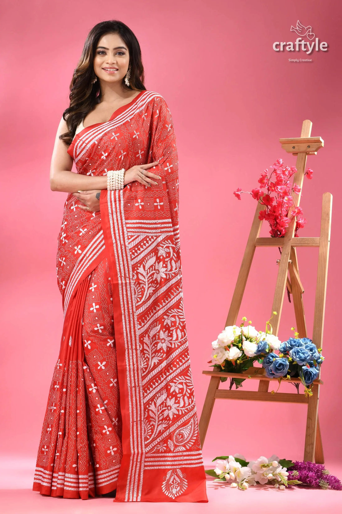 Persian red white thread work exquisite kantha silk saree red white printed cotton saree 1