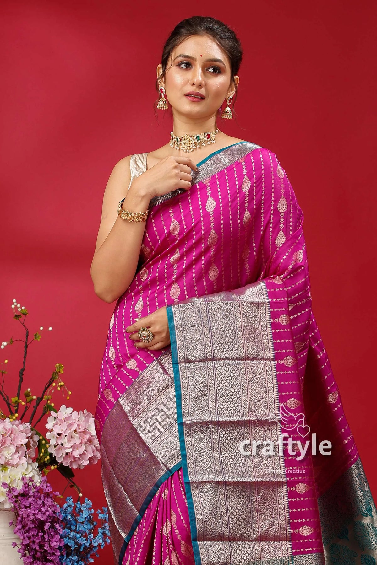 Persian rose pink kosha silk saree - ideal for all occasions elegant silver border 2