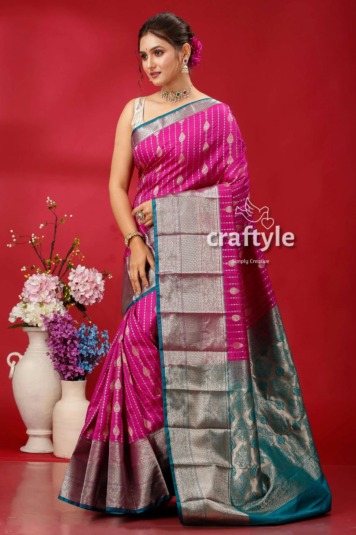 Persian rose pink kosha silk saree - ideal for all occasions silver teal border 3
