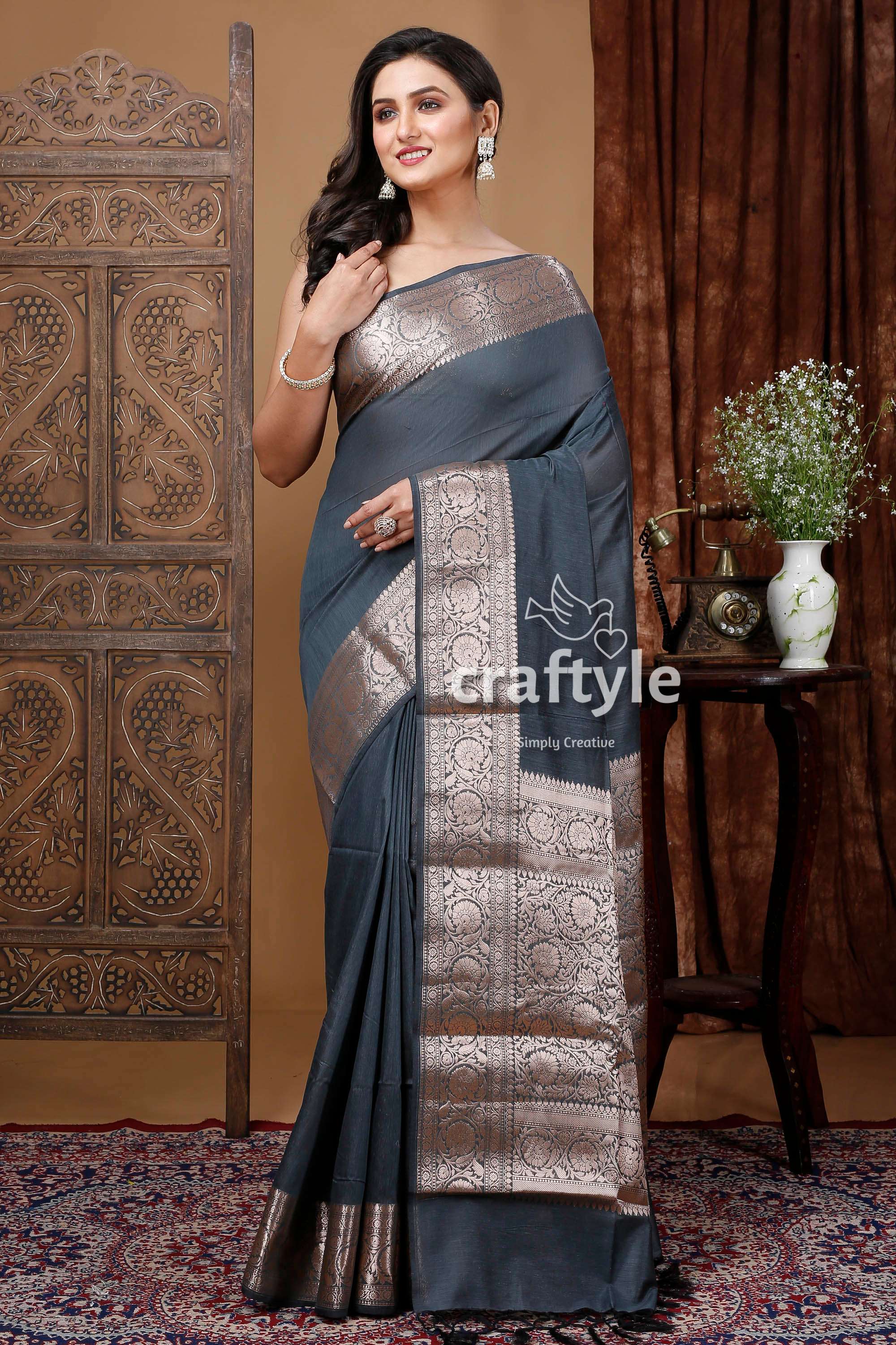 Pewter Grey Soft Manipuri Silk Saree with Zari Work - Ethnic Wear - Craftyle