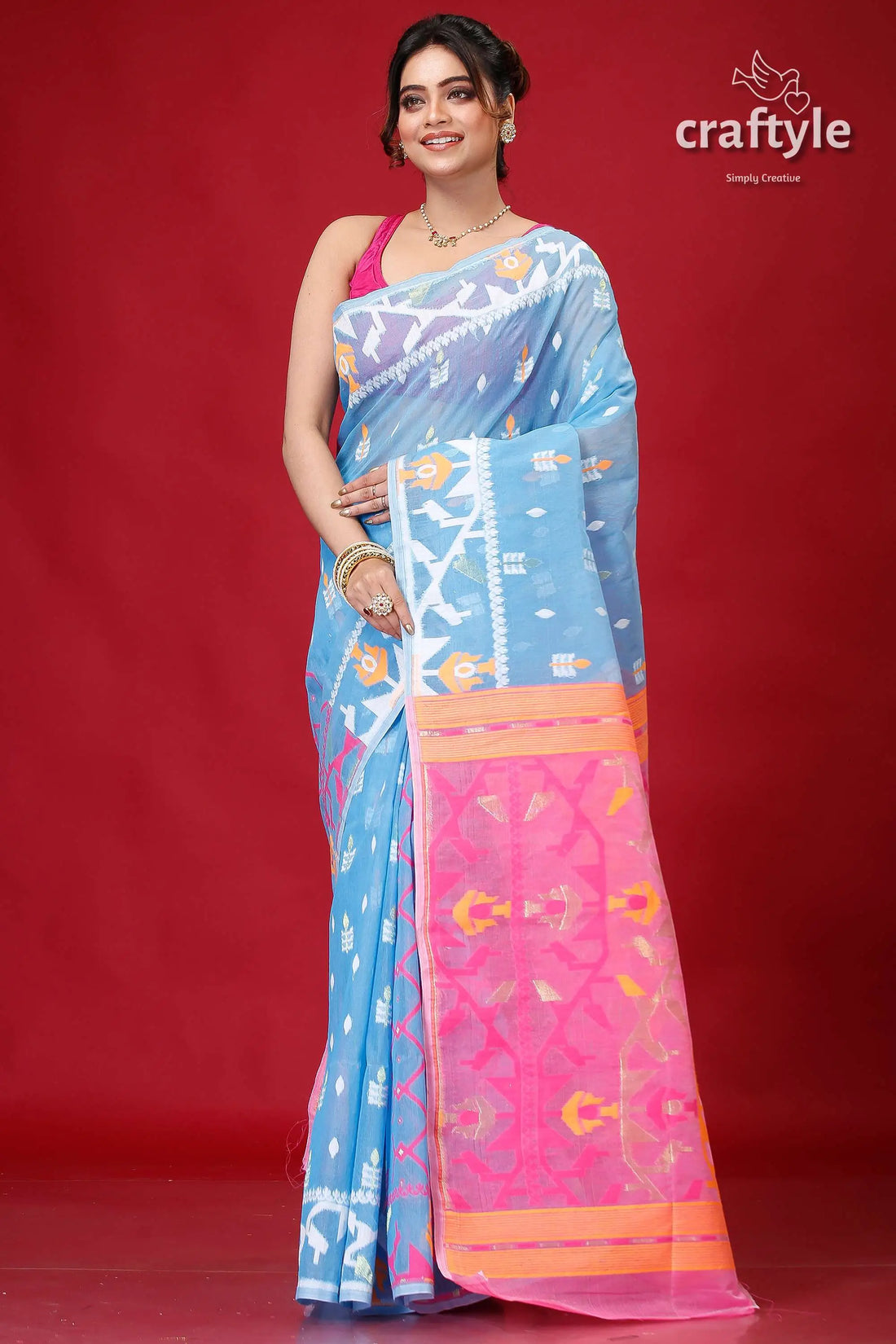 Picton blue bengal jamdani sari woman light blue saree pink 1