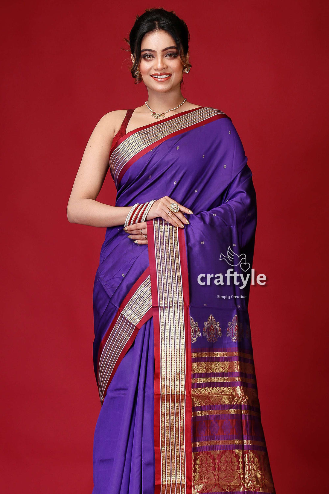 Pigment Blue Bomkai Silk Saree with Woven Zari Border-Craftyle